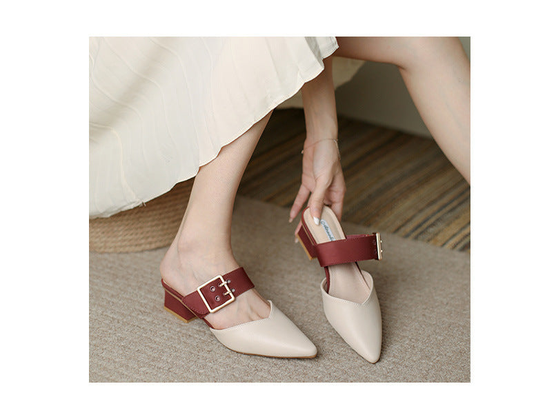 xiangtuibao  Slippers Women Summer Med Female Shoes Slides Shallow Cover Toe Fashion Square heel  Pointed Luxury Block Hoof Heels Scandal