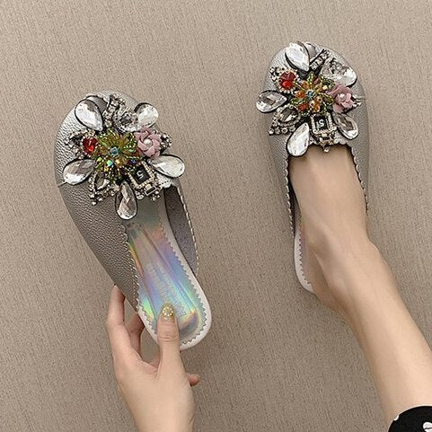 Baotou single shoes sandals for women's wear  summer new fashion Diamond Beads half slippers antiskid lazy shoes