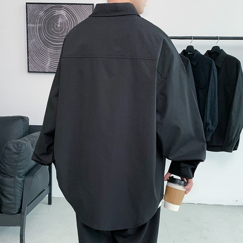 xiangtuibao Men's Printing Long Sleeve Cargo Shirts Harajuku Black Shirt Korean Style Men Shirt Long Sleeve Vintage Clothes Streetwear S-5XL