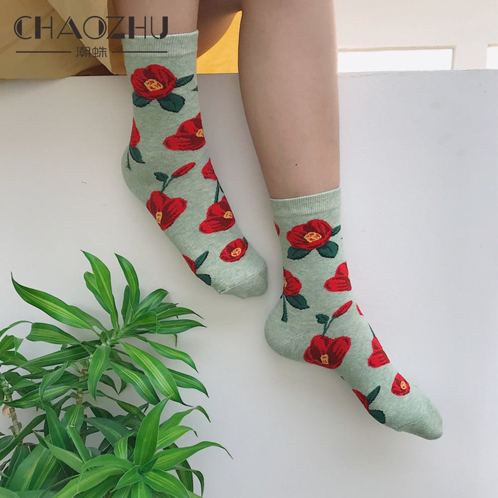 xiangtuibao CHAOZHU 2022 Korea Japanese Cartoon Floral Pink Red White Sunflower Cute Sweet Kawaii Winter Autumn Jacquard Socks Women Trendy