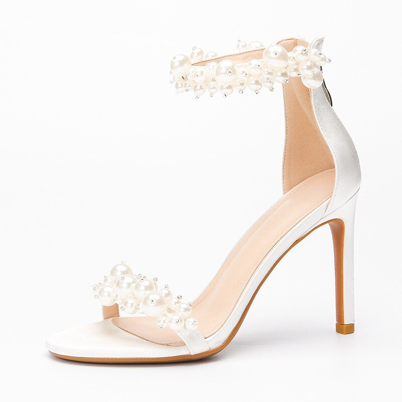 Women's Pearl Strap Sandals  Summer New Back Zipper Round Toe All-Matching Stiletto Heel High Heels