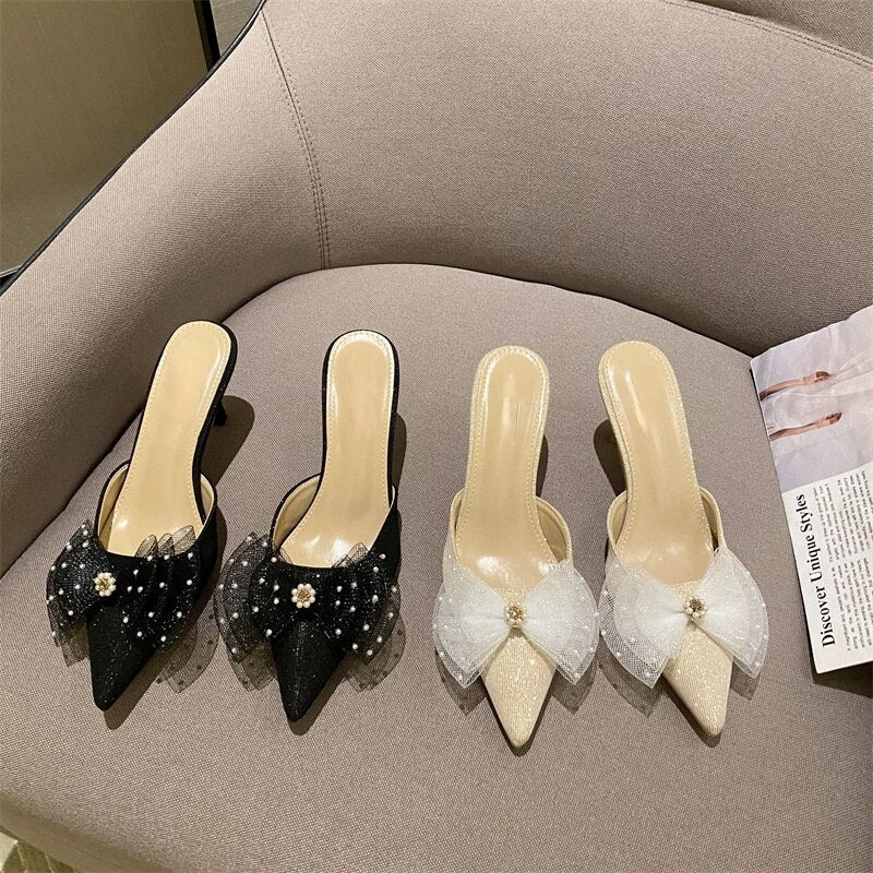 Women Sandals Pointed Stiletto Heel Mules Shoes Closed Toe Mesh Bow High Heel Pearl Sandals for Women