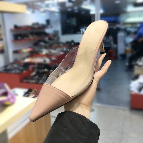 Pointed Half Slippers Women's   Spring Korean Color Matching Thin Heeled Baotou Transparent High Heels Outer Wear Slippers