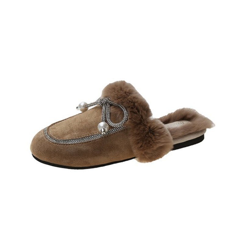 Ladies Plush Slippers Autumn Winter New Baotou Furry Mules Shoes Women Outdoor Wear Bowknot Warmth Flat-bottomed Cotton Slippers