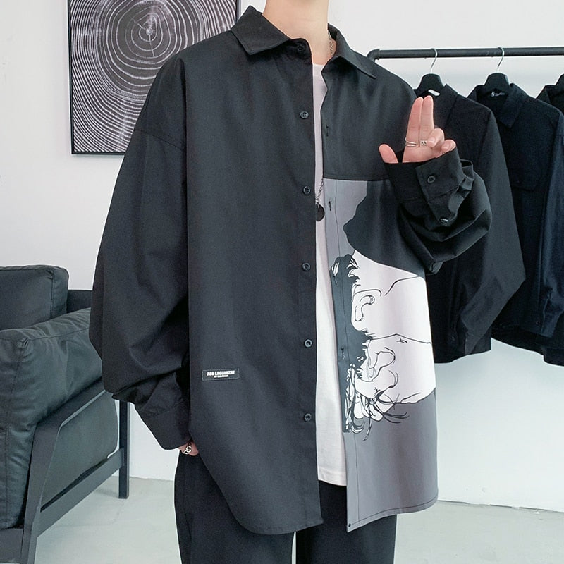 xiangtuibao Men's Printing Long Sleeve Cargo Shirts Harajuku Black Shirt Korean Style Men Shirt Long Sleeve Vintage Clothes Streetwear S-5XL