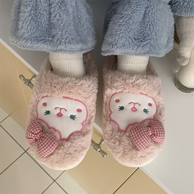 New girl heart cotton slippers female autumn and winter cartoon cute bear knot plush non-slip indoor confinement shoes household