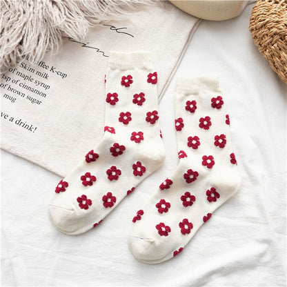 xiangtuibao Cute Flowers Socks Cotton Women Harajuku Japanese Casual Winter Female Kawaii Girl Mid Tube Socks Vintage Floral Fashion Long