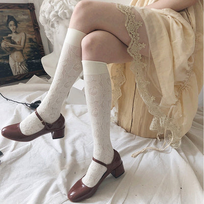 xiangtuibao Retro Embroidery Floral Stocking Women  High Ealstic Long Knee  Socks Girls Summer Fashion Pantyhose Leg Dress Calcetine