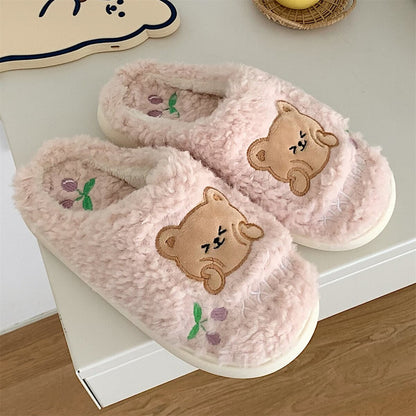 New girl heart cotton slippers female autumn and winter cartoon cute bear knot plush non-slip indoor confinement shoes household