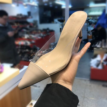 Pointed Half Slippers Women's   Spring Korean Color Matching Thin Heeled Baotou Transparent High Heels Outer Wear Slippers