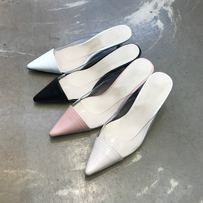 Pointed Half Slippers Women's   Spring Korean Color Matching Thin Heeled Baotou Transparent High Heels Outer Wear Slippers