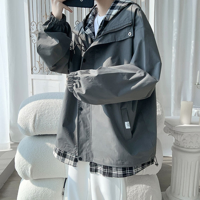 xiangtuibao Korean Black White Plaid Men Hooded Jacket  Harajuku Man Oversized Coats Spring Male Casual Outwears Clothing