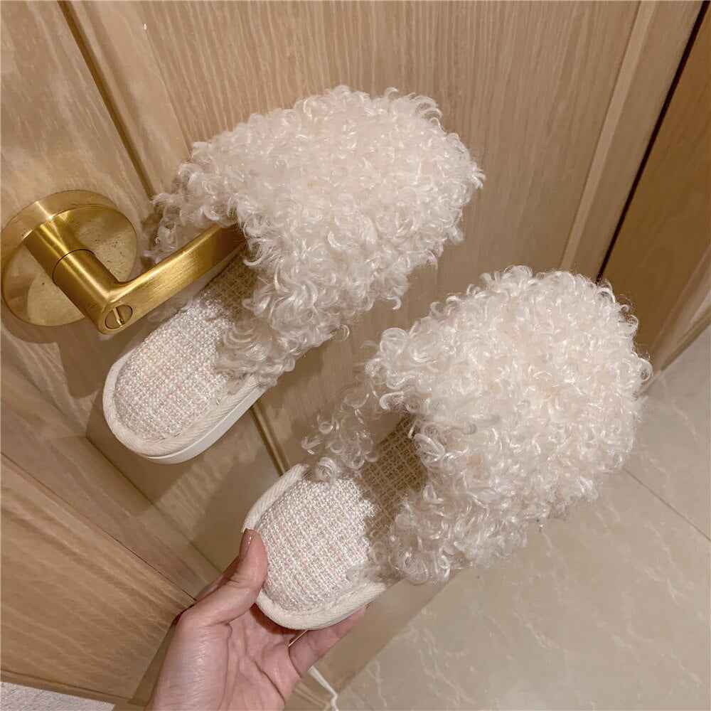 Winter New Indoor Slippers Soft Fluffy Plush Thick-soled Flat Shoes Heel Non-slip Confinement Shoes Casual Ladies Cotton Slipper