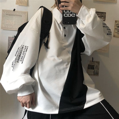 xiangtuibao new stitching contrast  shirt Korean Hong Kong style sweatshirt Preppy hip hop oversize long-sleeved t-shirt men women