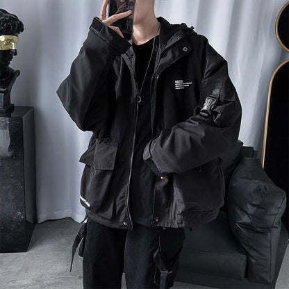 xiangtuibao Hip Hop Cargo Techwear Jackets Coats Streetwear Cardigan Casual Bomber Outerwear Hooded Letter Multi-pocket for Men