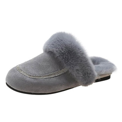 Ladies Plush Slippers Autumn Winter New Baotou Furry Mules Shoes Women Outdoor Wear Bowknot Warmth Flat-bottomed Cotton Slippers