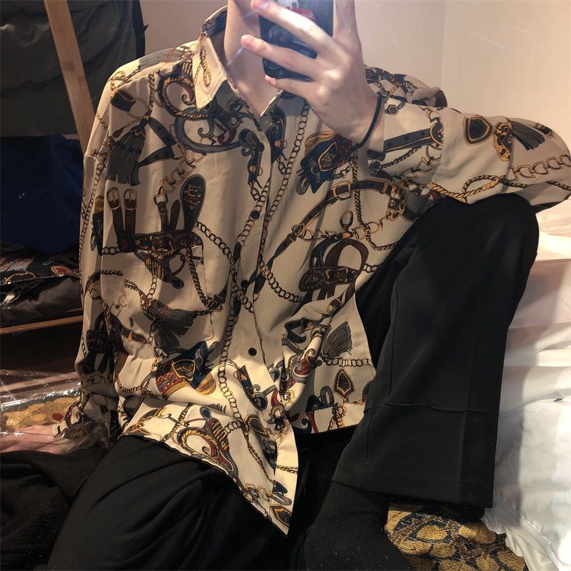 xiangtuibao New Beach Hawaiian Shirt for Men Long Sleeve Casual Loose Harajuku Floral Print Blouse Button Up Mens Shirts Streetwear