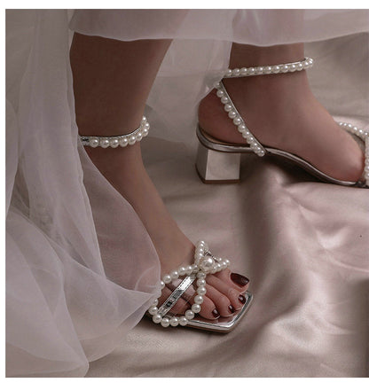 Luxury Summer High Heel Sandals Pearl Emebllished Crystal Shoes Ladies Wedding High Heels Bridal Shoes Women 's Party Shoes