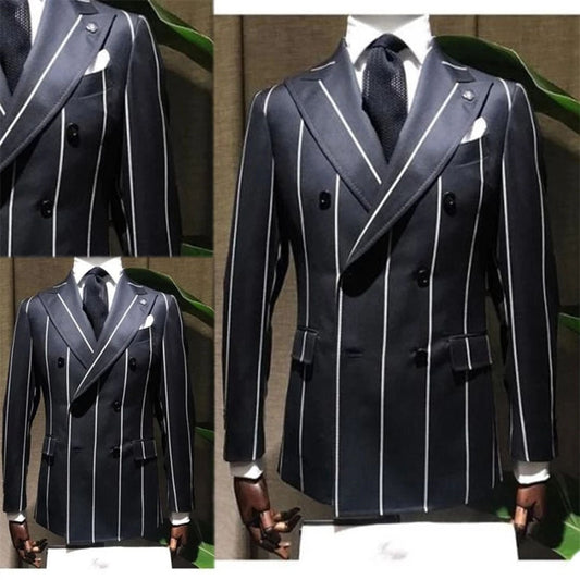 xiangtuibao Handsome Newest White Pinstripe Black Men Suits Outwear Fit Slim Formal Coat Wide Lapel Blazer Double Breasted Overcoat Tuxedos