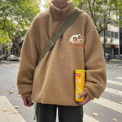 xiangtuibao Winter Men's Thickened Cashmere Pullover High Collar Cartoon Hoodies Trend Loose Sweatshirts Blue/khaki Color Coats S-3XL