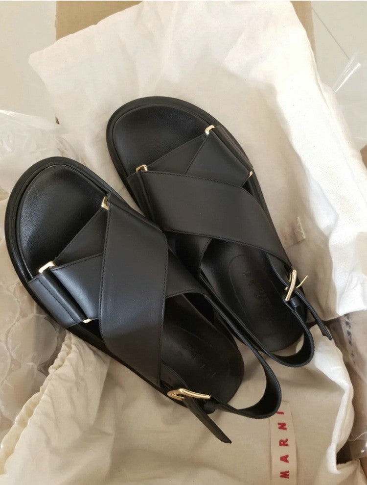 Summer Cowhide Leather Sandals Female Ins Tide Fairy Style Student Flat Thick Bottom Cross Roman Shoes