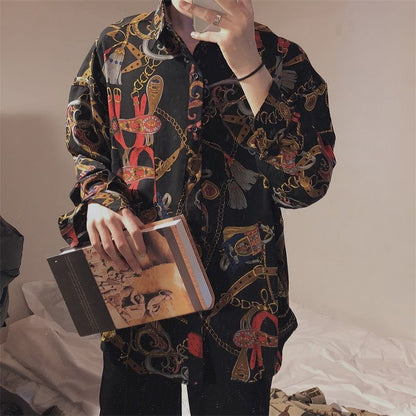 xiangtuibao New Beach Hawaiian Shirt for Men Long Sleeve Casual Loose Harajuku Floral Print Blouse Button Up Mens Shirts Streetwear