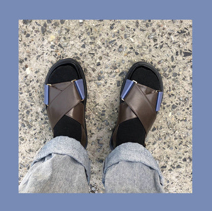 Summer Cowhide Leather Sandals Female Ins Tide Fairy Style Student Flat Thick Bottom Cross Roman Shoes