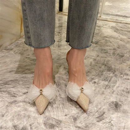 Women Sandals Pointed Stiletto Heel Mules Shoes Closed Toe Mesh Bow High Heel Pearl Sandals for Women