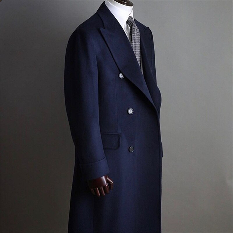 xiangtuibao Formal Navy Men Suits Thick Wool Custom Made Men Jacket Double Breasted Tuxedos Peaked Lapel Blazer Business Long Coat