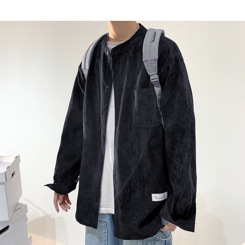 xiangtuibao Oversized Men Solid Corduroy Shirt Long Sleeve  Mens Pocket Streetwear Shirts Male Korean Fashions Black Shirt 5XL