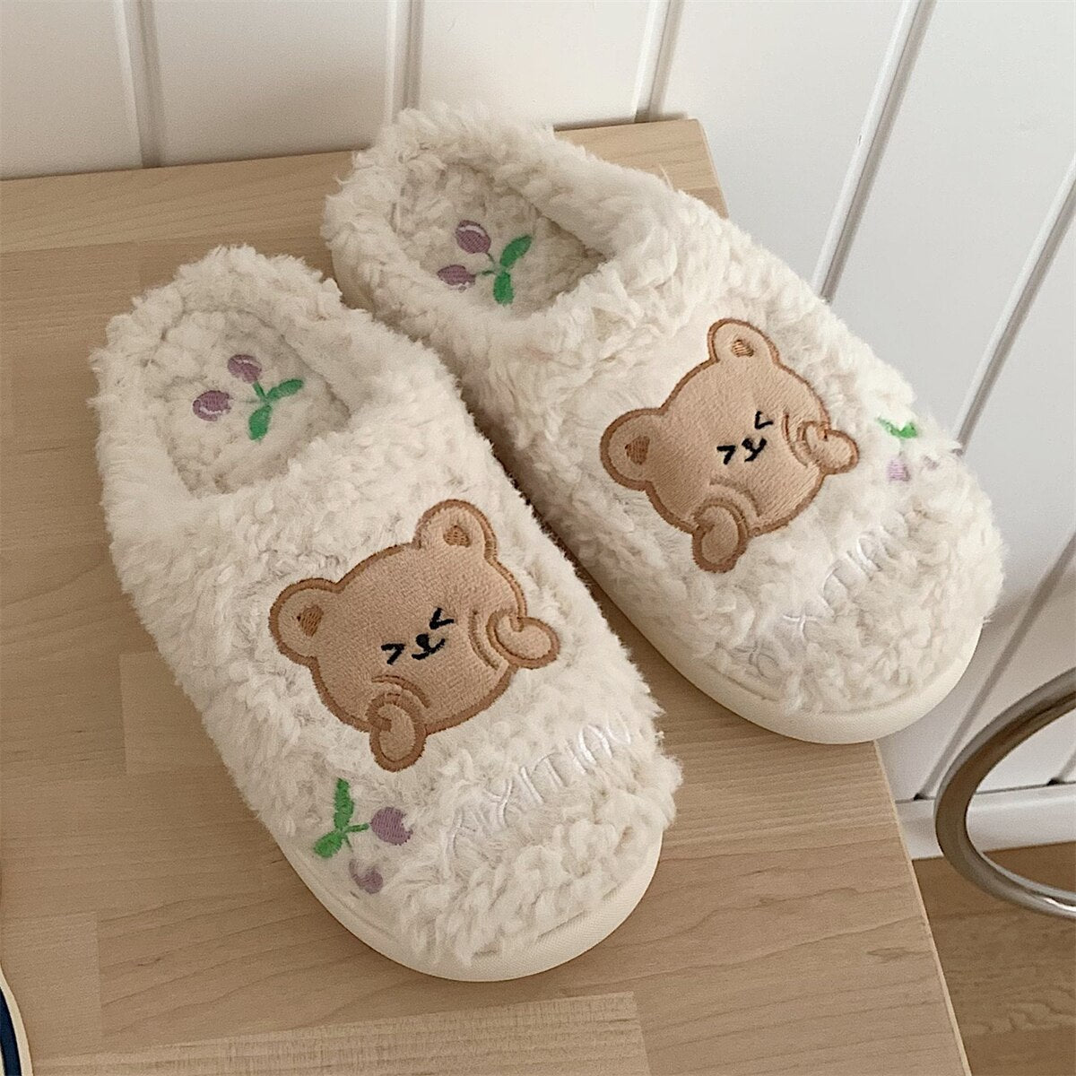 New girl heart cotton slippers female autumn and winter cartoon cute bear knot plush non-slip indoor confinement shoes household