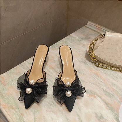 New Baotou Half Drag Thin Heel Bow Sandals Pointed Pearl High Heel Muller Shoes