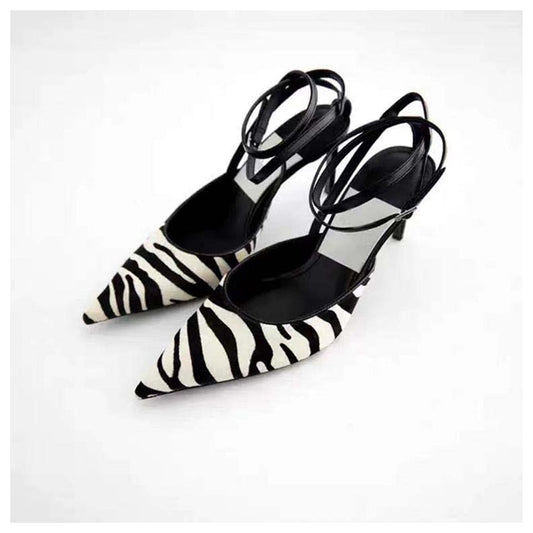 Zebra Pattern Back Strap Pointed Toe Sandals Women Thin High Heels 7cm Leopard Pumps Party Dress Shoes Slingback Sandalias Mujer