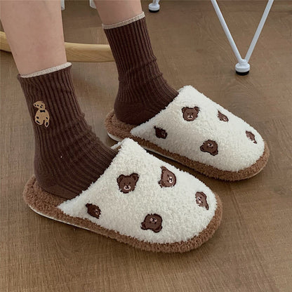 new cute couple fashion cartoon pattern bear adult autumn and winter non-slip warm indoor fluffy slippers home shoes women home