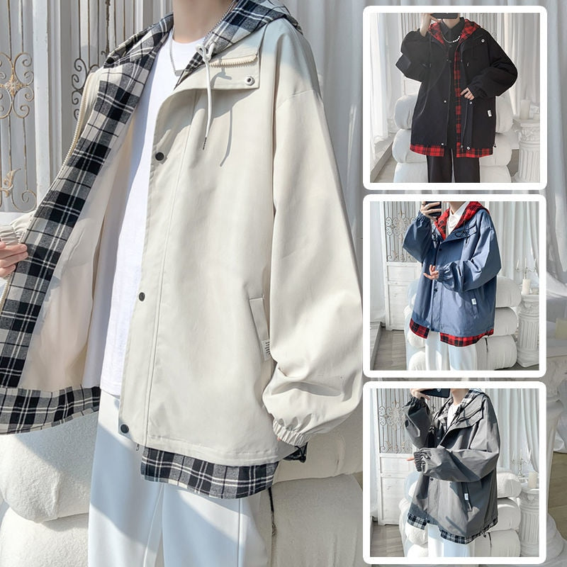 xiangtuibao Korean Black White Plaid Men Hooded Jacket  Harajuku Man Oversized Coats Spring Male Casual Outwears Clothing