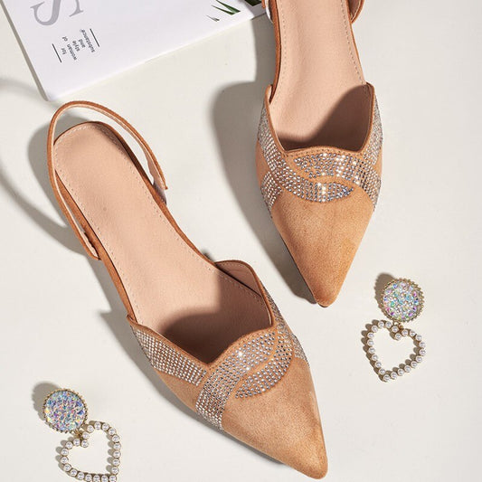 Spring and Summer Korean New Women's Suede Rhinestones Pointed-Toe Flat Heel Flat Sandals