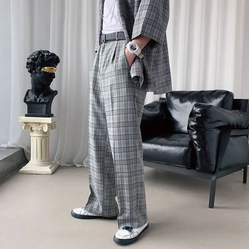 xiangtuibao -  Men's Plaid Business Casual Pants Stripe Blazer Suits Pants Loose Formal Wide Leg Pants Grey/khaki Social Trousers S-XL