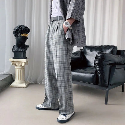 xiangtuibao -  Men's Plaid Business Casual Pants Stripe Blazer Suits Pants Loose Formal Wide Leg Pants Grey/khaki Social Trousers S-XL