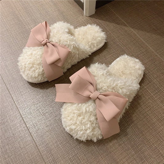 New Winter Fashion Adult Sandals Non-slip Warmth Ladies Indoor and Outdoor Slippers Cute Bow Home Sleeping Shoes Home Girl Heart