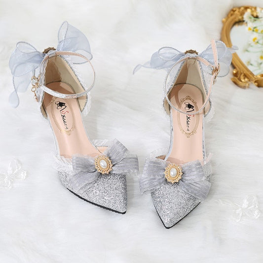 Gorgeous Lolita Flower Wedding Tea Party Lolita High Heels Star Buckle Grey Anime Cosplay Dress Sandals Cosplay Princess Kawaii