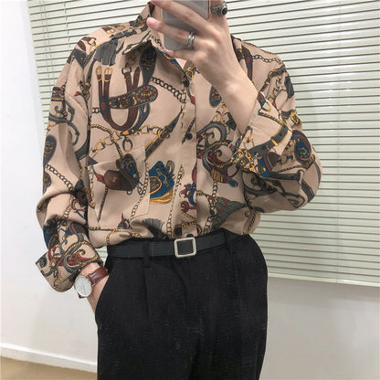 xiangtuibao New Beach Hawaiian Shirt for Men Long Sleeve Casual Loose Harajuku Floral Print Blouse Button Up Mens Shirts Streetwear