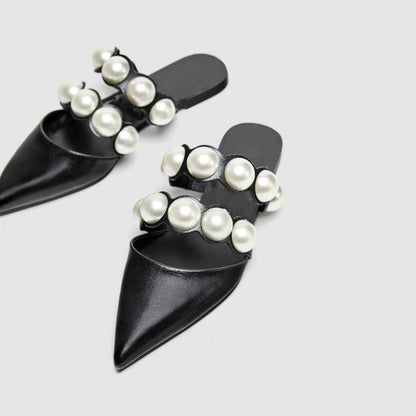 European and American Spring and Summer New Pointed Flat Pearl Decorative Open Toe Flat Women's Slippers Beach Shoes