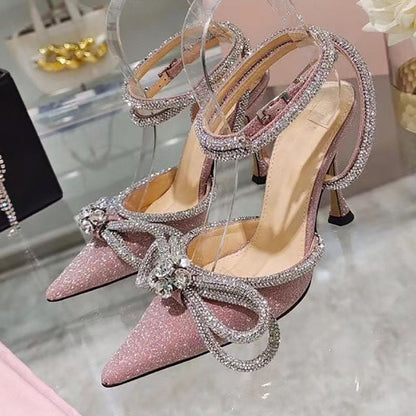 Rhinestone Baotou sandals  new summer fairy wind pointed pink high-heeled bow tie thin heel winding bandage