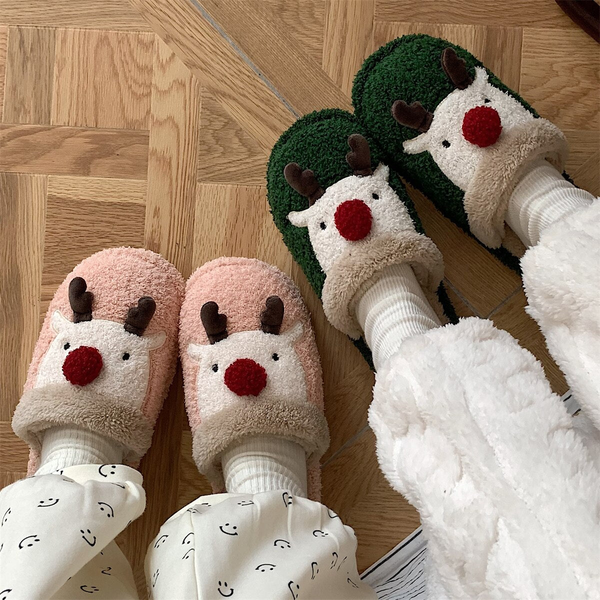 New girl heart cotton slippers female autumn and winter cartoon Christmas cute knot plush non-slip indoor shoes home