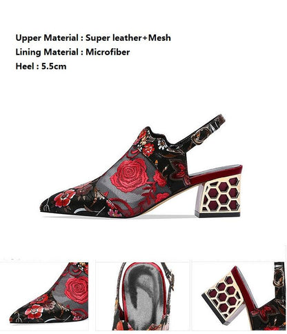 xiangtuibao    High Heels Sandals,Woman Mesh Summer Shoes,Women Pumps Pointed toe,Ankle Buckle Strap,Ethnic Embroidery Flower,Handmade