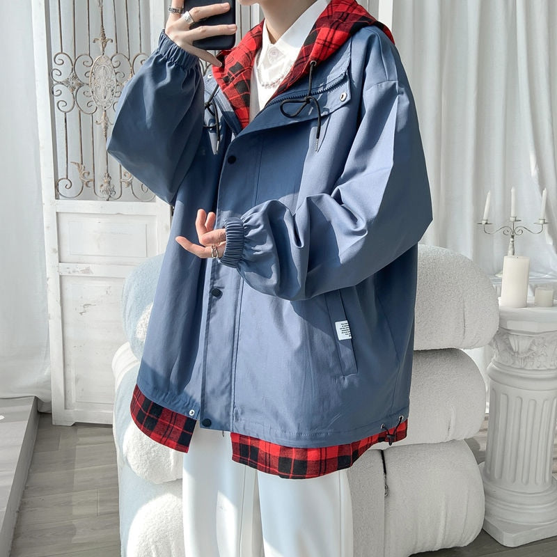 xiangtuibao Korean Black White Plaid Men Hooded Jacket  Harajuku Man Oversized Coats Spring Male Casual Outwears Clothing