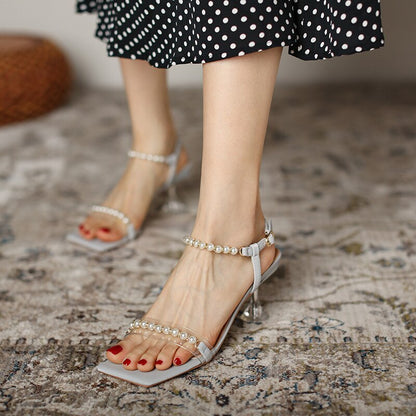 Highquality Sexy Fashion Sandals Women New Pearl Simple Open Toe Crystal Stiletto Heels Banquet Formal Wear Women Shoes Allmatch