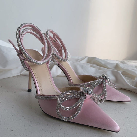 Rhinestone Baotou sandals  new summer fairy wind pointed pink high-heeled bow tie thin heel winding bandage