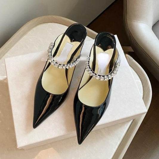 New Pointed Toe Rhinestone Mules Half Slippers White Patent Leather Low-Cut French High Heel Women's Sandals