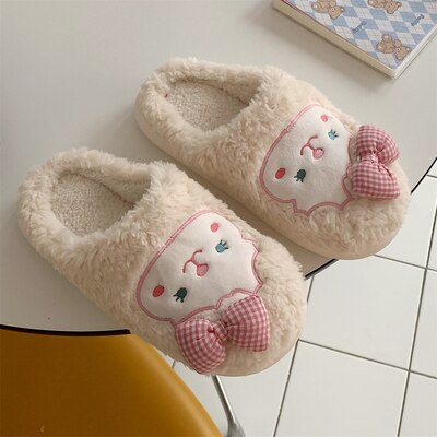 New girl heart cotton slippers female autumn and winter cartoon cute bear knot plush non-slip indoor confinement shoes household